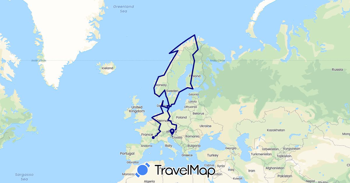 TravelMap itinerary: driving in Austria, Switzerland, Czech Republic, Germany, Denmark, Finland, France, Netherlands, Norway, Sweden, Slovenia (Europe)